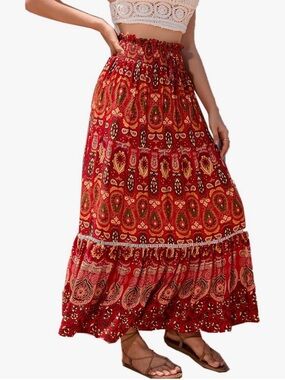 Women's Bohemian Long Dress, Pleated Long Dress with Elastic Waist and Stepped,